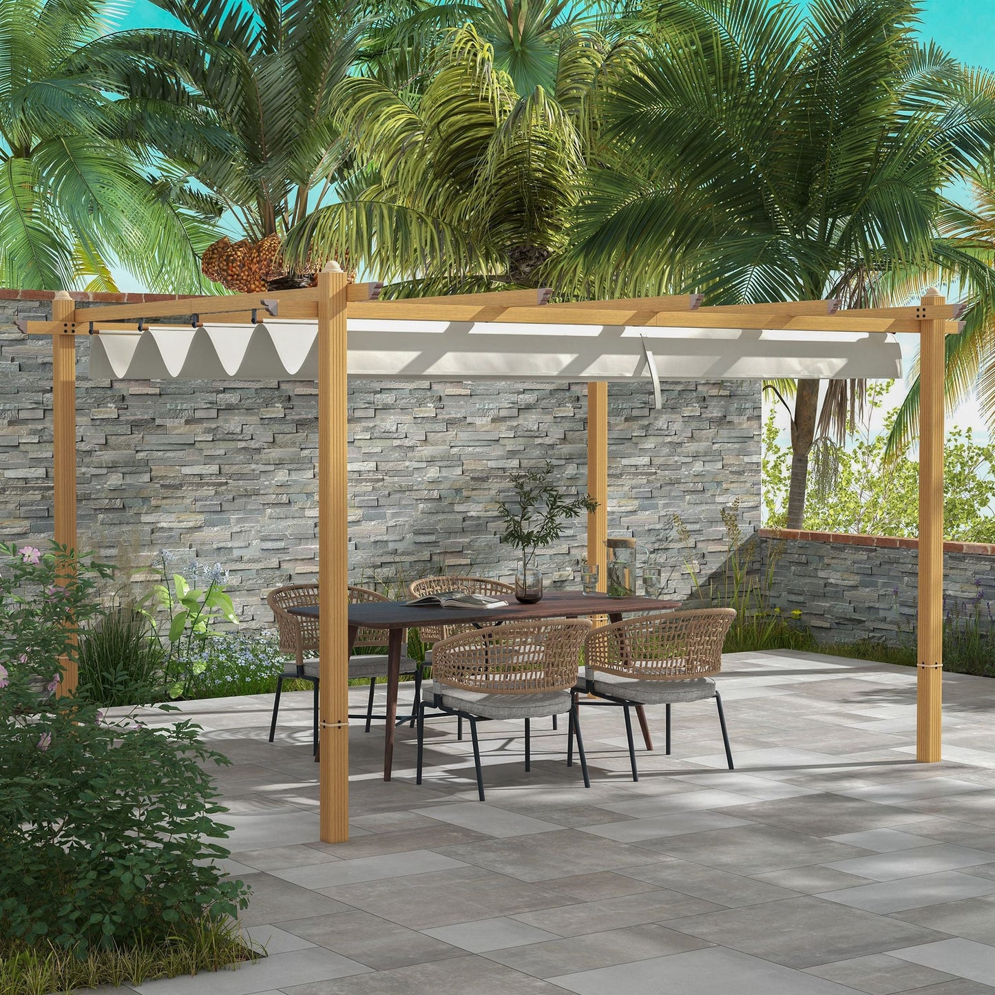 Outsunny 10' x 13' Retractable Pergola Canopy, Wood Grain Aluminum Frame, for Outdoor Shade Shelter, Cream - 84C-472V02ND