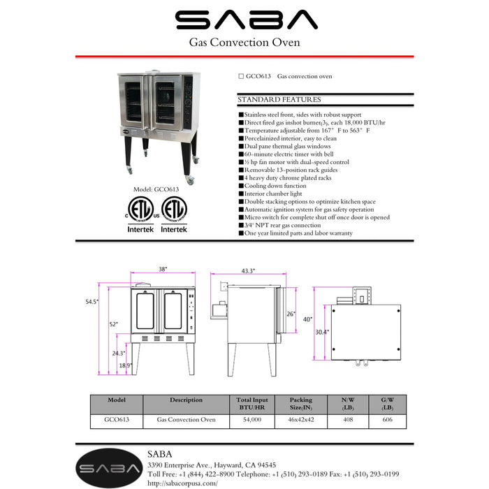 SABA GCO-613 - Gas Convection Oven Natural Gas / Propane - GCO-613