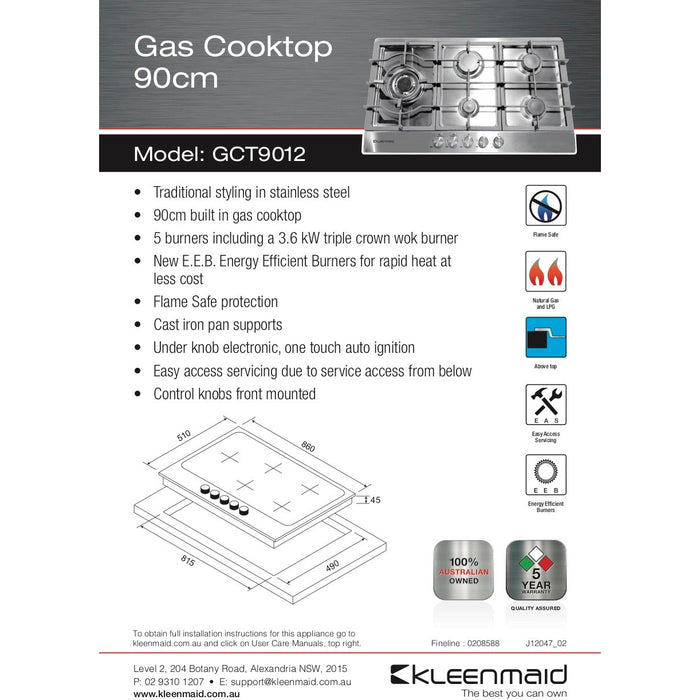 Kleenmaid GCT9012 90cm Gas Cooktop