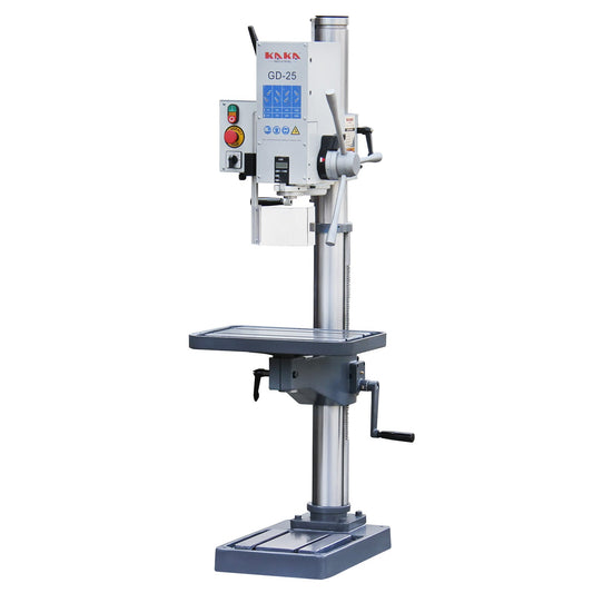 KAKA INDUSTRIAL Floor Drill Press, 0.9kW 220V 3-Phase Gear Head, 8-Speed (130-3200 RPM), Cast Iron Benchtop, 1inch GD-25 Steel Drilling and Milling, MT3 Taper, DRO Depth Control - 190017