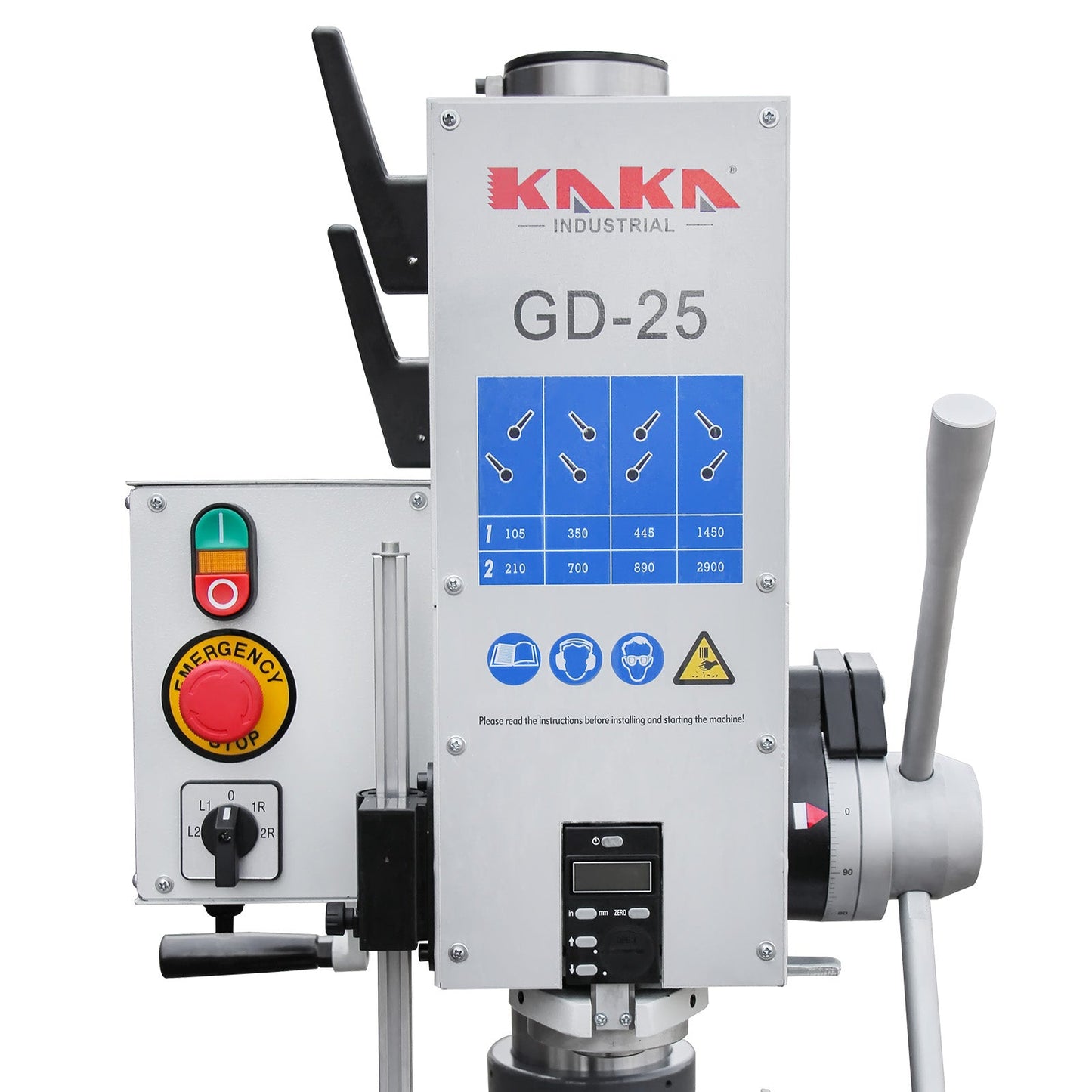 KAKA INDUSTRIAL Floor Drill Press, 0.9kW 220V 3-Phase Gear Head, 8-Speed (130-3200 RPM), Cast Iron Benchtop, 1inch GD-25 Steel Drilling and Milling, MT3 Taper, DRO Depth Control - 190017