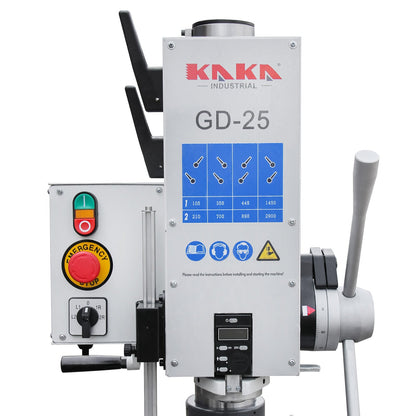 KAKA INDUSTRIAL Floor Drill Press, 0.9kW 220V 3-Phase Gear Head, 8-Speed (130-3200 RPM), Cast Iron Benchtop, 1inch GD-25 Steel Drilling and Milling, MT3 Taper, DRO Depth Control - 190017