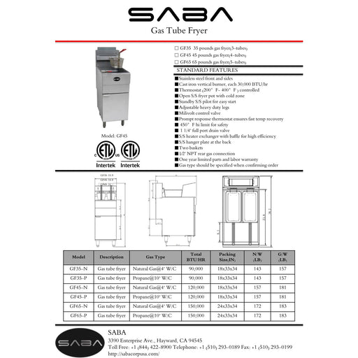 SABA GF45-P - Commercial Gas Fryer Liquid Propane - GF45-P