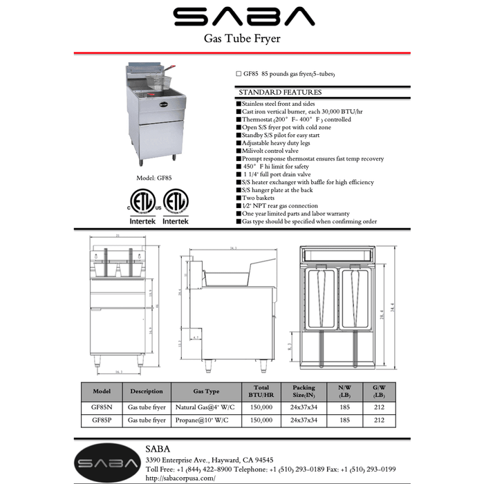 SABA GF85-N - Commercial Gas Fryer Natural Gas - GF85-N