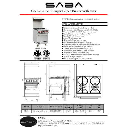 SABA GR-24 - Commercial Gas 4 Burner with Oven - GR-24