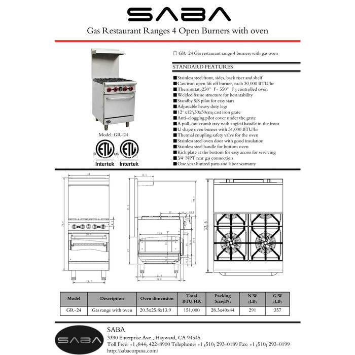 SABA GR-24 - Commercial Gas 4 Burner with Oven - GR-24