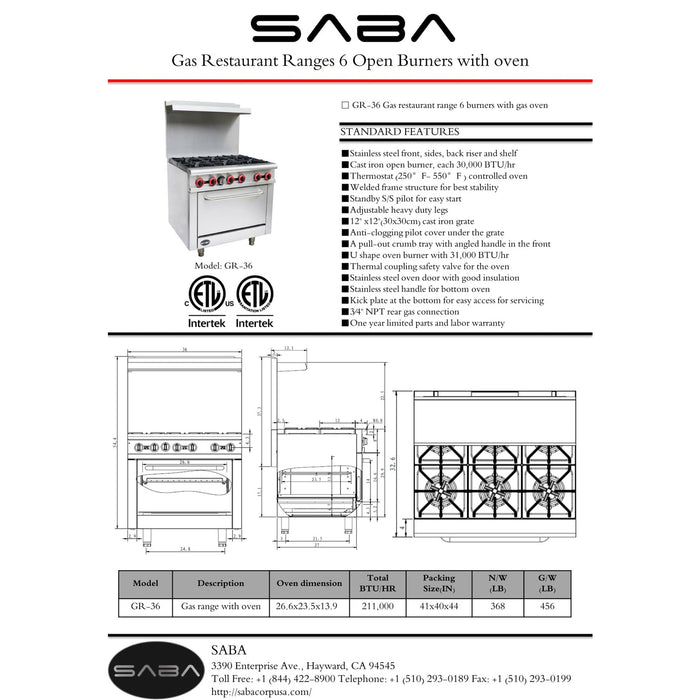 SABA GR-36 - Commercial Gas 6 Burner with Oven - GR-36