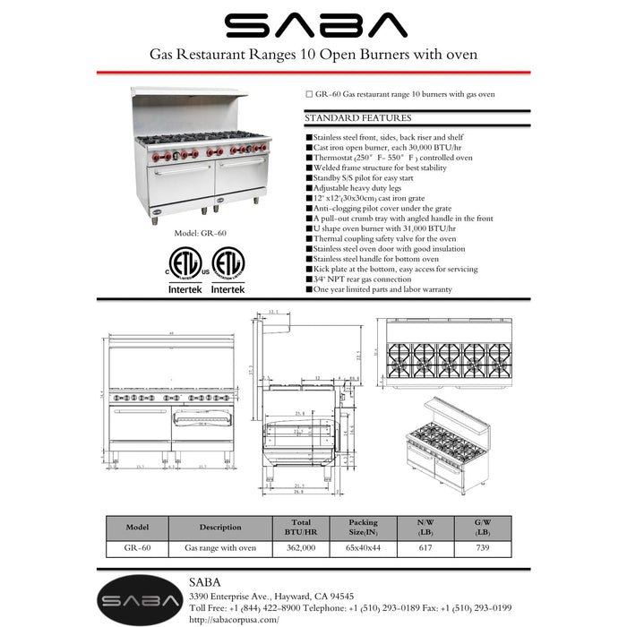 SABA GR-60 - Commercial Gas 10 Burner with Oven - GR-60