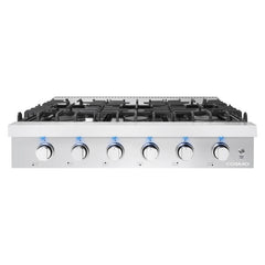 Cosmo 36" Slide-In Counter Gas Cooktop with 6 Sealed Italian Burners, Black Porcelain Surface, Cast Iron Grates, Metal Knobs in Stainless Steel - COS-GRT366