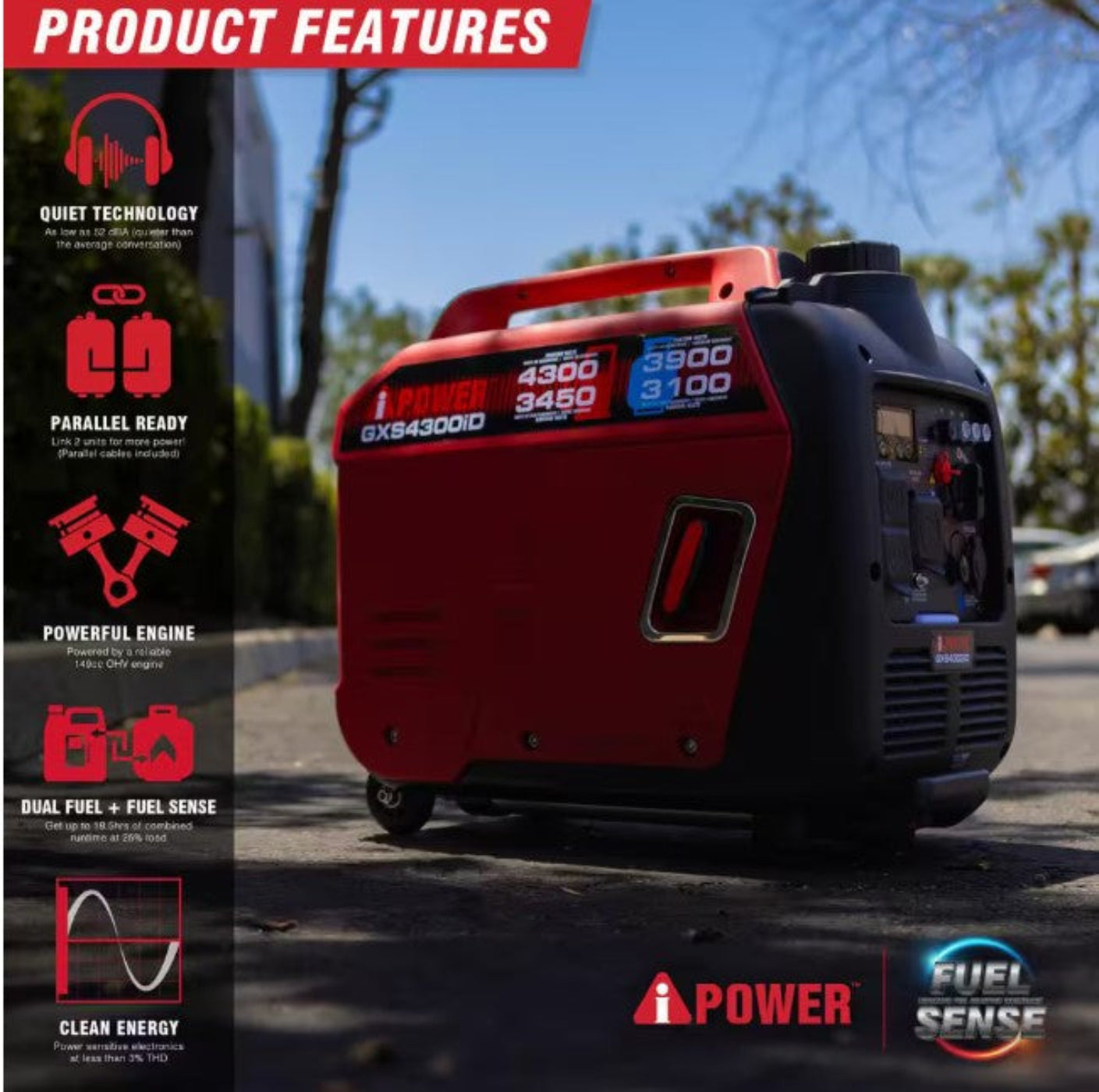 A-iPower 3450W/4300W Generator Dual Fuel Gas Propane Low THD Inverter CO Alert New - GXS4300iD