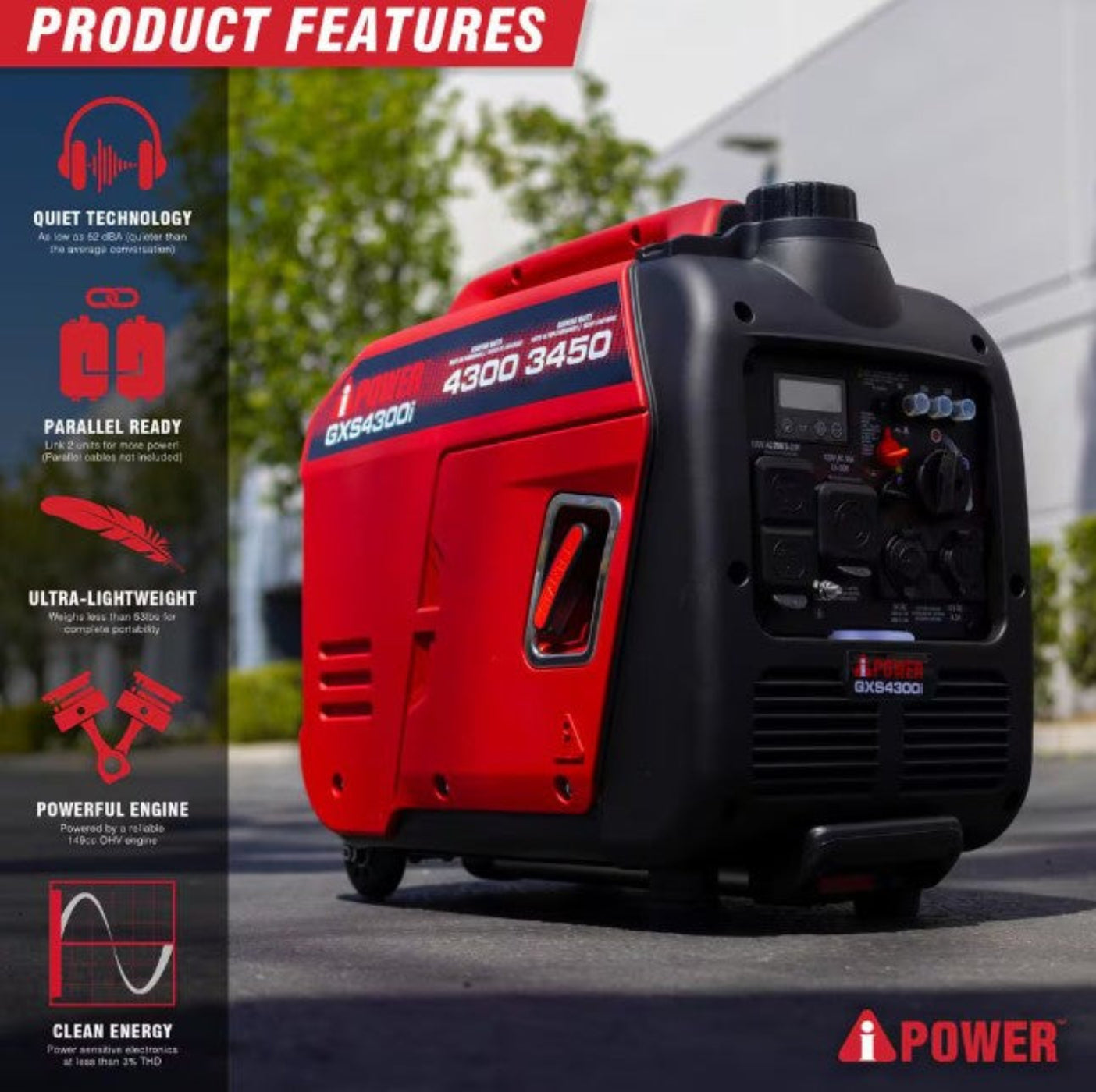A-iPower 3450W/4300W Generator Gas Low THD Inverter CO Alert New - GXS4300i
