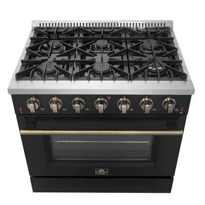 Forno 4-Piece Appliance Package - 36-Inch Gas Range, Wall Mount Range Hood, 60-Inch Convertible Refrigerator with Modern Trim, and Dishwasher in Black with Antique Brass Handle - AP4-6244-36BLK-60MG