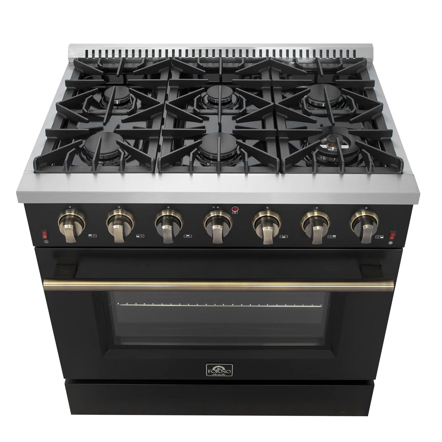 Forno Galiano 4-Piece Appliance Package - 36-Inch Gas Range, 36-Inch Hood, 36-Inch Refrigerator, & 24-Inch Dishwasher in Black with Antique Brass Trim - AP4-6244-36BLK