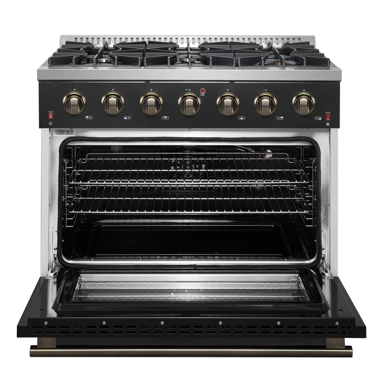 Forno 4-Piece Appliance Package - 36-Inch Gas Range, Wall Mount Range Hood, 60-Inch Convertible Refrigerator with Modern Trim, and Dishwasher in Black with Antique Brass Handle - AP4-6244-36BLK-60MG