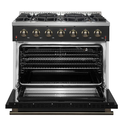 Forno 4-Piece Appliance Package - 36-Inch Gas Range, 60-Inch Convertible Refrigerator with Modern Trim, Dishwasher, and 30-Inch Microwave Drawer in Black with Antique Brass Handle - AP4-6244-36BLK-MWD30-60MG