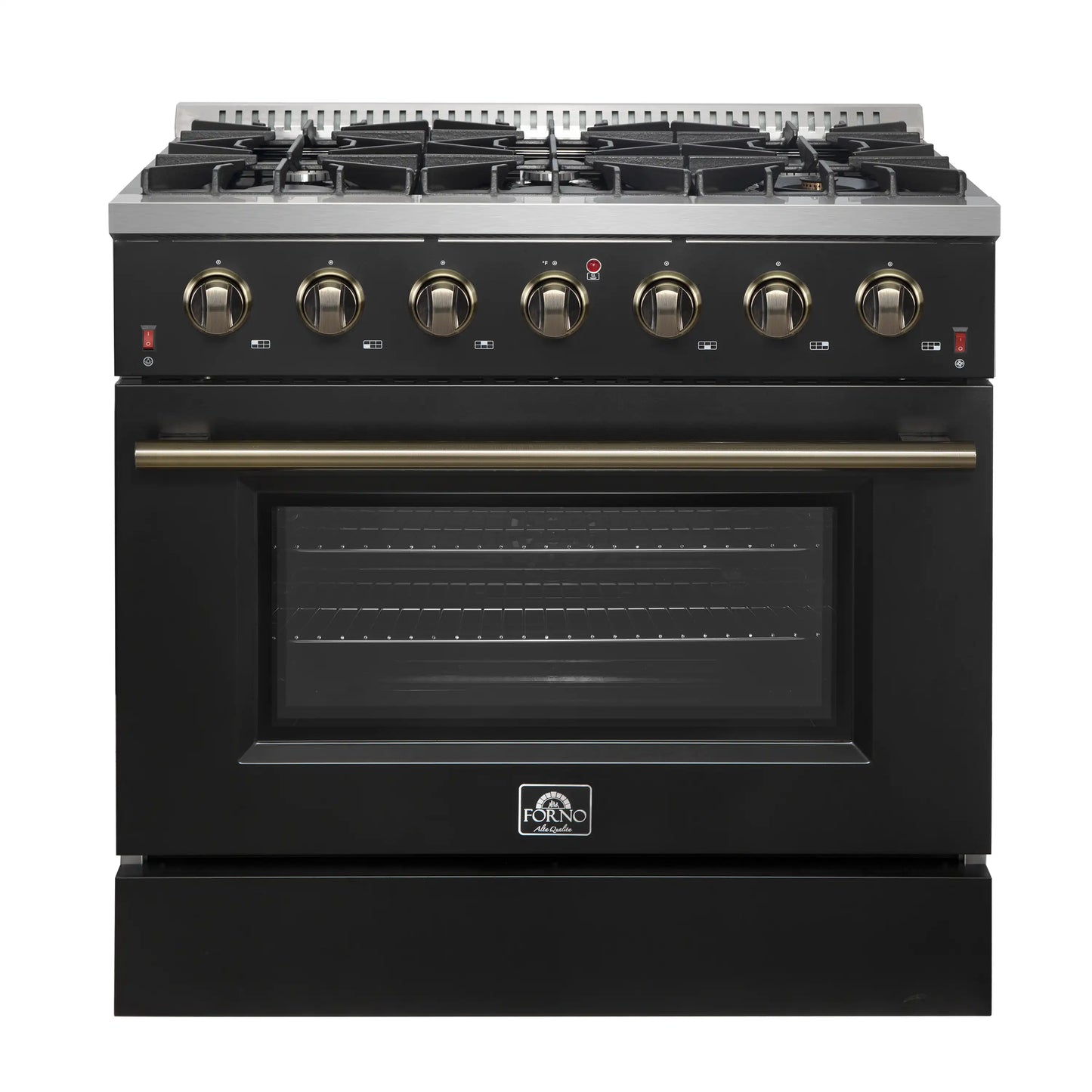 Forno 5-Piece Appliance Package - 36-Inch Gas Range, Wall Mount Range Hood, 60-Inch Convertible Refrigerator with Modern Trim, Dishwasher, and 24-Inch Microwave Drawer in Black with Antique Brass Handle - AP5-6244-36BLK-MWD24-60MG
