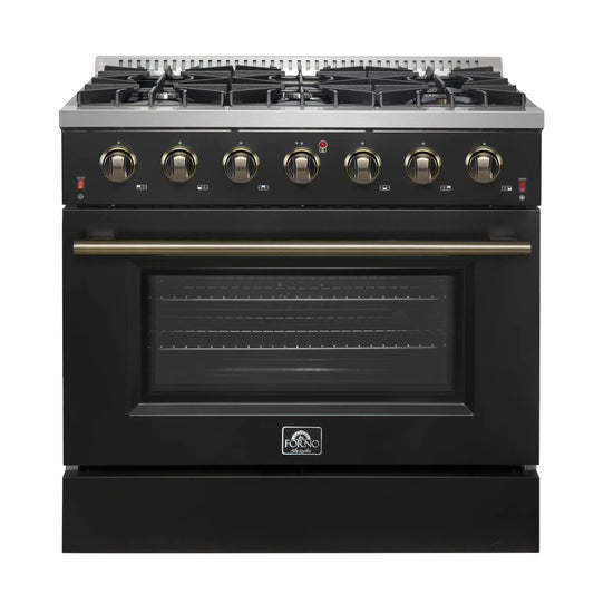 Forno 4-Piece Appliance Package - 36-Inch Gasl Fuel Range, Wall Mount Range Hood, 60-Inch Built-In Convertible Refrigerator, and Dishwasher in Black with Antique Brass Handle - AP4-6244-36BLK-5095-60MG