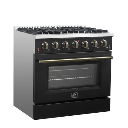 Forno 4-Piece Appliance Package - 36-Inch Gasl Fuel Range, Wall Mount Range Hood, 60-Inch Built-In Convertible Refrigerator, and Dishwasher in Black with Antique Brass Handle - AP4-6244-36BLK-5095-60MG