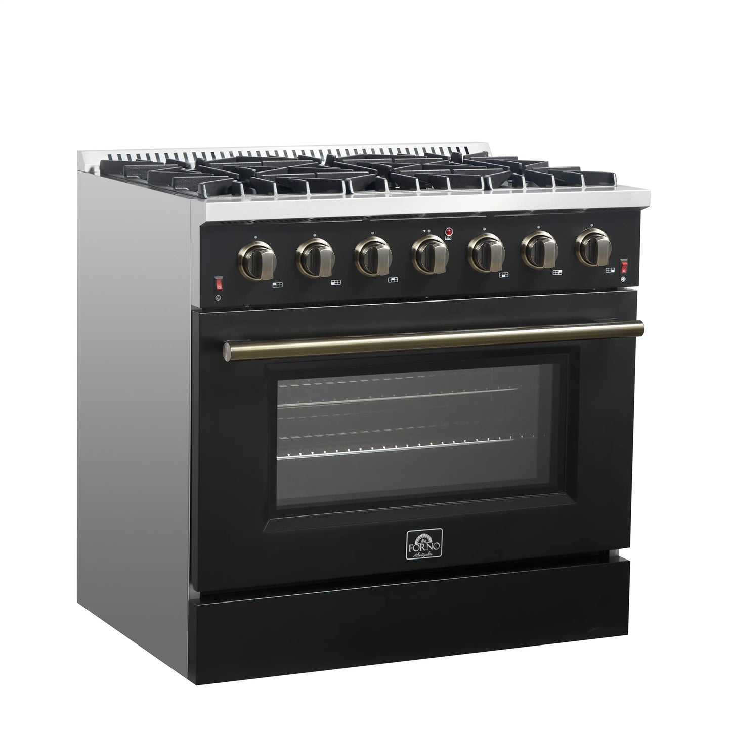 Forno 4-Piece Appliance Package - 36-Inch Gas Range, Wall Mount Range Hood, 60-Inch Convertible Refrigerator with Modern Trim, and Dishwasher in Black with Antique Brass Handle - AP4-6244-36BLK-60MG