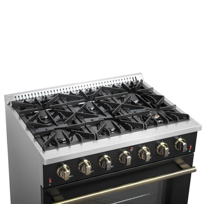 Forno 5-Piece Appliance Package - 36-Inch Gas Range, Wall Mount Range Hood, 60-Inch Convertible Refrigerator with Modern Trim, Dishwasher, and 30-Inch Microwave Oven in Black with Antique Brass Handle - AP5-6244-36BLK-MWO30-60MG