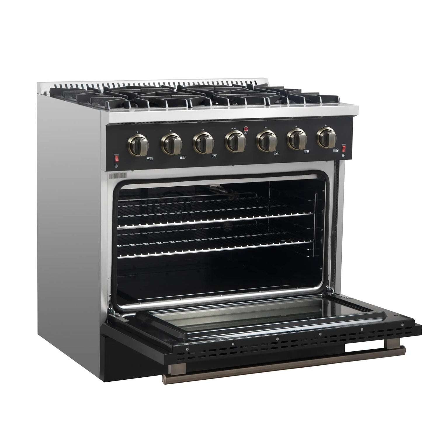Forno 4-Piece Appliance Package - 36-Inch Gasl Fuel Range, Wall Mount Range Hood, 60-Inch Built-In Convertible Refrigerator, and Dishwasher in Black with Antique Brass Handle - AP4-6244-36BLK-5095-60MG