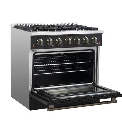 Forno 4-Piece Appliance Package - 36-Inch Gasl Fuel Range, Wall Mount Range Hood, 60-Inch Built-In Convertible Refrigerator, and Dishwasher in Black with Antique Brass Handle - AP4-6244-36BLK-5095-60MG
