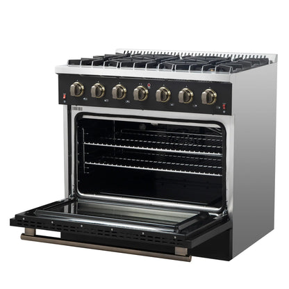 Forno 5-Piece Appliance Package - 36-Inch Gas Range, Wall Mount Range Hood, 36-Inch Refrigerator, Dishwasher, and 30-Inch Microwave Drawer in Black with Antique Brass Handle - AP5-6244-36BLK-5095-MD30