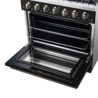 Forno 4-Piece Appliance Package - 36-Inch Gas Range, 60-Inch Convertible Refrigerator with Modern Trim, Dishwasher, and 24-Inch Microwave Oven in Black with Antique Brass Handle - AP4-6244-36BLK-MWO24-60MG