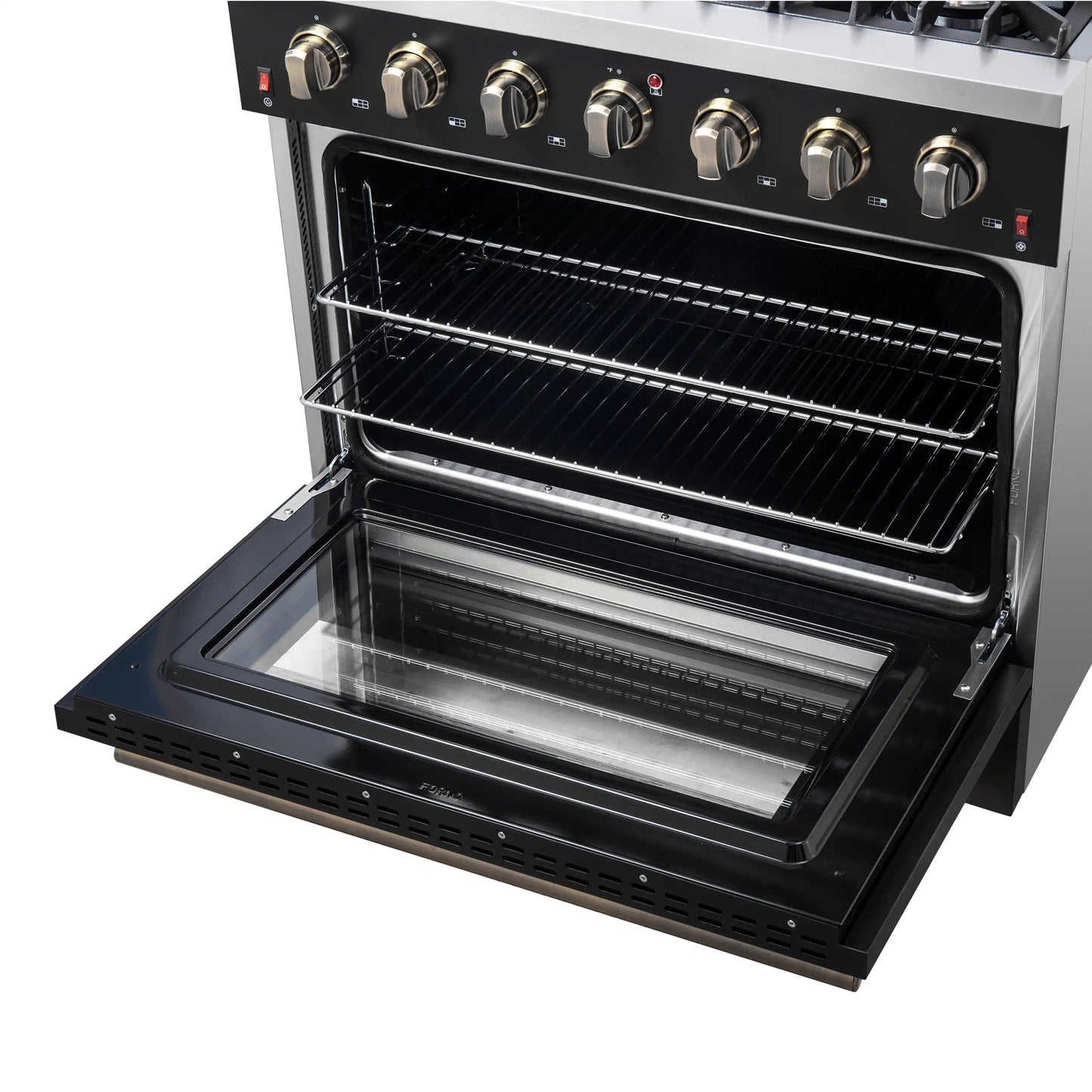 Forno Galiano 4-Piece Appliance Package - 36-Inch Gas Range, 36-Inch Hood, 36-Inch Refrigerator, & 24-Inch Dishwasher in Black with Antique Brass Trim - AP4-6244-36BLK