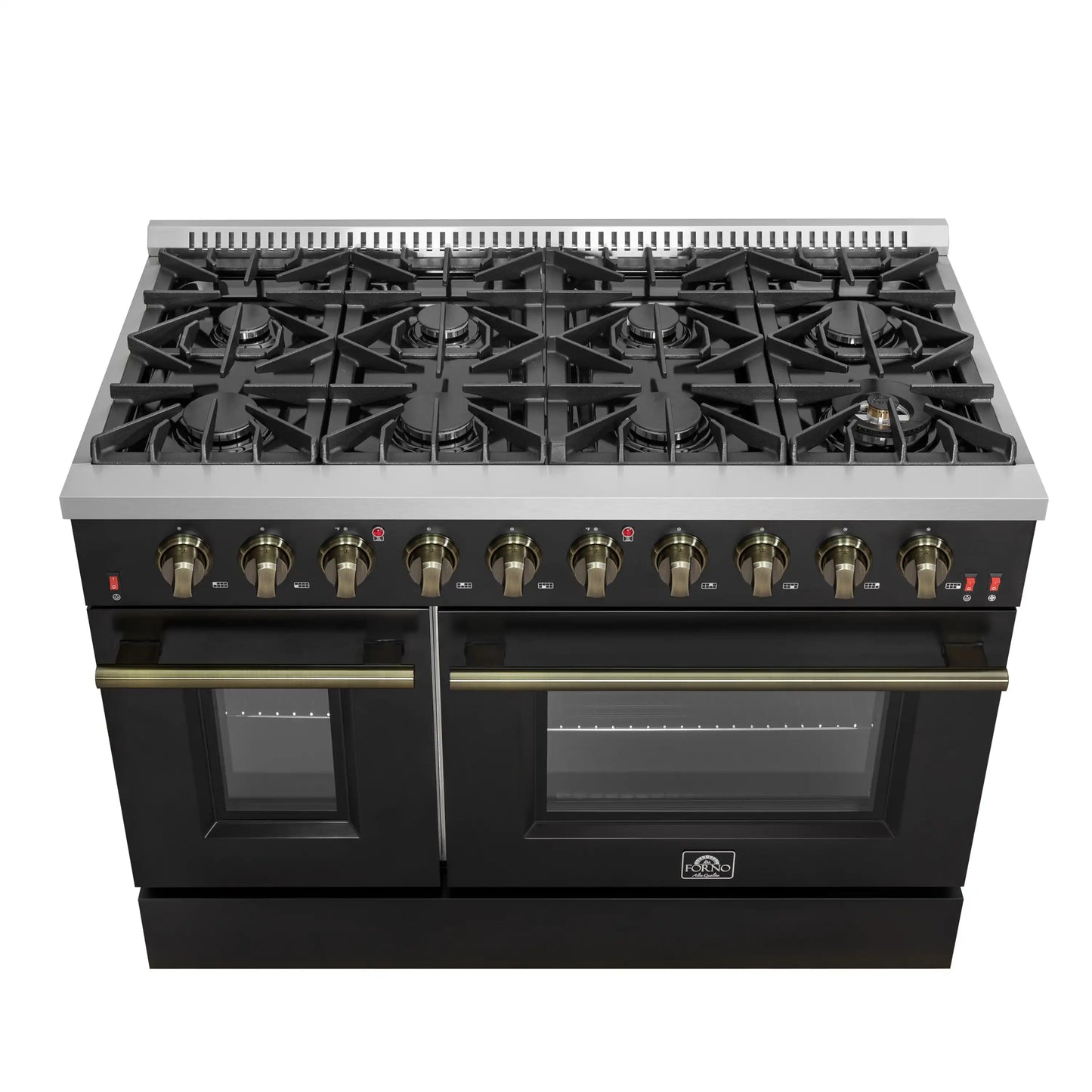 Forno 5-Piece Appliance Package - 48-Inch Gas Range, 60-Inch Convertible Refrigerator with Modern Trim, Dishwasher, and 30-Inch Microwave Oven in Black with Antique Brass Handle - AP5-6244-48BLK-MWO30-60MG