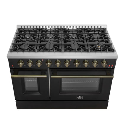 Forno 5-Piece Appliance Package - 48-Inch Gas Range, 60-Inch Convertible Refrigerator with Modern Trim, Dishwasher, and 30-Inch Microwave Oven in Black with Antique Brass Handle - AP5-6244-48BLK-MWO30-60MG