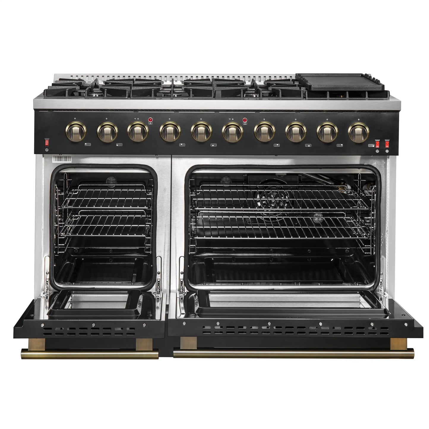 Forno 5-Piece Appliance Package - 48-Inch Gas Range, Wall Mount Range Hood, 60-Inch Refrigerator, Dishwasher, and 24-Inch Microwave Drawer in Black with Antique Brass Handle - AP5-6244-48BLK-5095-60MG-MD24