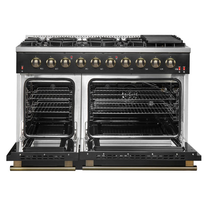 Forno 5-Piece Appliance Package - 48-Inch Gas Range, Wall Mount Range Hood, 60-Inch Refrigerator, Dishwasher, and 24-Inch Microwave Drawer in Black with Antique Brass Handle - AP5-6244-48BLK-5095-60MG-MD24