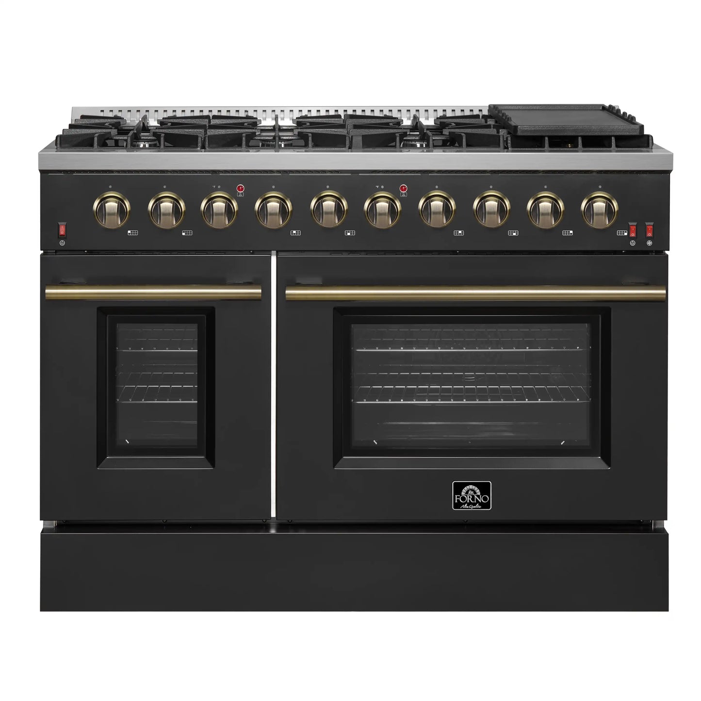 Forno 5-Piece Appliance Package - 48-Inch Gas Range, Wall Mount Range Hood, 60-Inch Refrigerator, Dishwasher, and 24-Inch Microwave Drawer in Black with Antique Brass Handle - AP5-6244-48BLK-5095-60MG-MD24