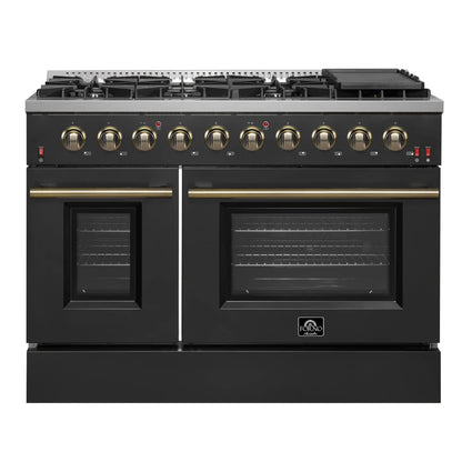 Forno 5-Piece Appliance Package - 48-Inch Gas Range, Wall Mount Range Hood, 60-Inch Refrigerator, Dishwasher, and 24-Inch Microwave Drawer in Black with Antique Brass Handle - AP5-6244-48BLK-5095-60MG-MD24