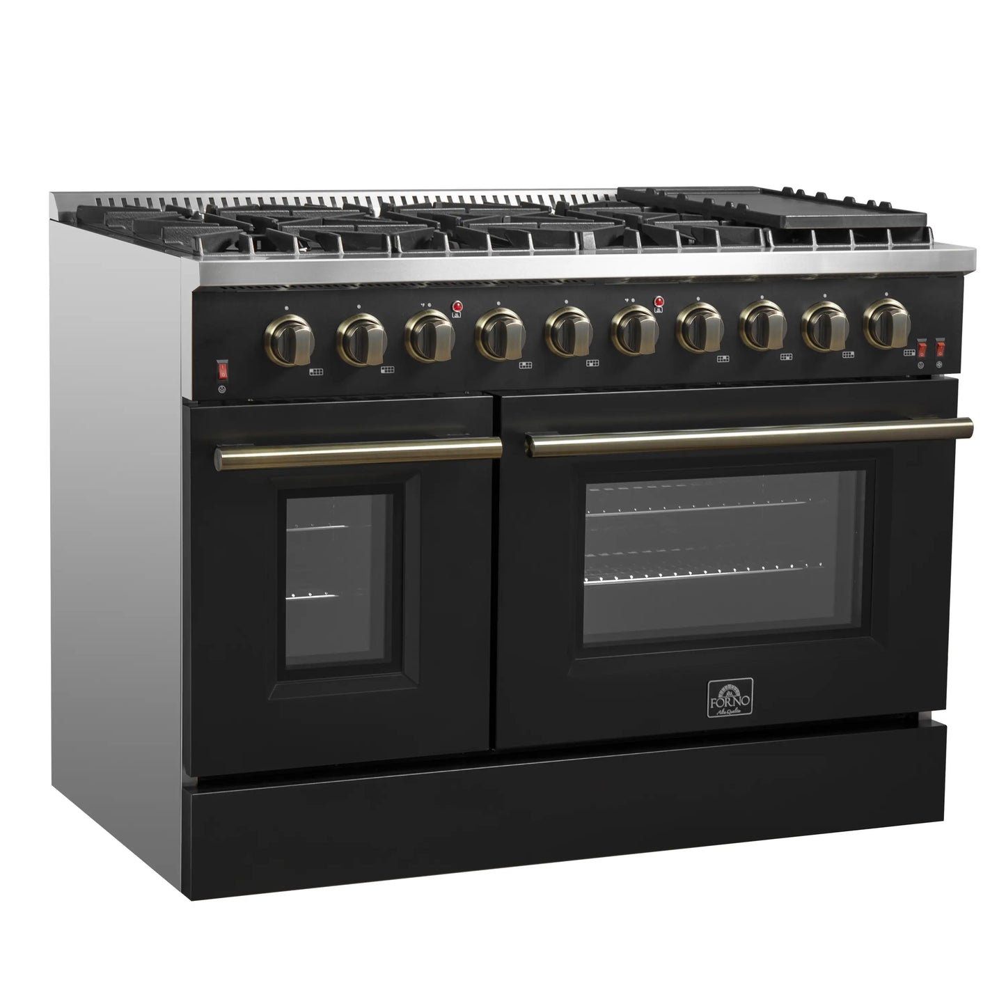 Forno 5-Piece Appliance Package - 48-Inch Gas Range, 60-Inch Convertible Refrigerator with Modern Trim, Dishwasher, and 30-Inch Microwave Oven in Black with Antique Brass Handle - AP5-6244-48BLK-MWO30-60MG