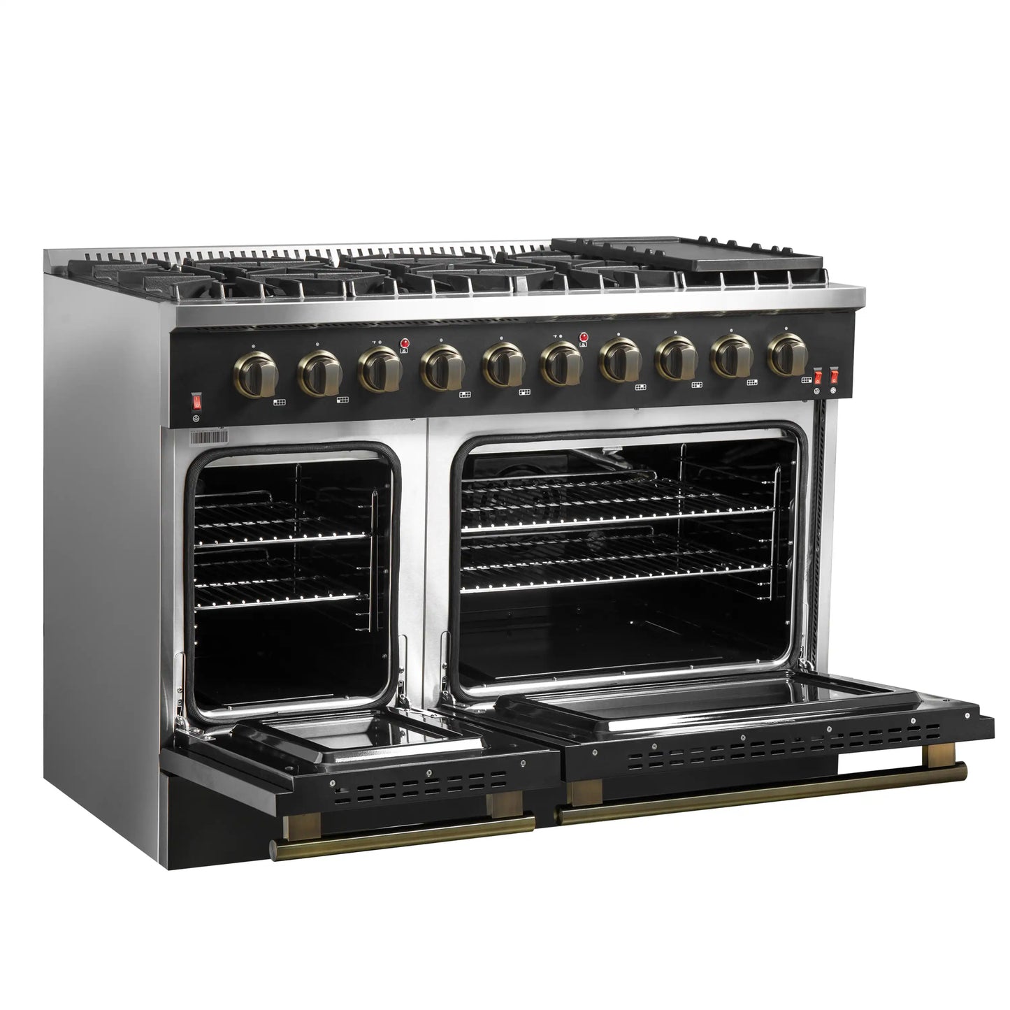 Forno 5-Piece Appliance Package - 48-Inch Gas Range, Wall Mount Range Hood, 60-Inch Refrigerator, Dishwasher, and 24-Inch Microwave Drawer in Black with Antique Brass Handle - AP5-6244-48BLK-5095-60MG-MD24