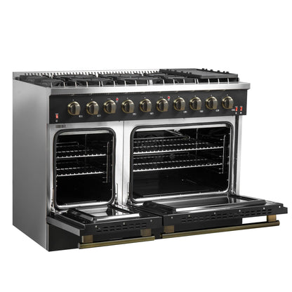Forno 5-Piece Appliance Package - 48-Inch Gas Range, 60-Inch Convertible Refrigerator with Modern Trim, Dishwasher, and 30-Inch Microwave Oven in Black with Antique Brass Handle - AP5-6244-48BLK-MWO30-60MG