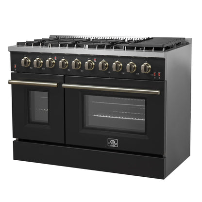 Forno 5-Piece Appliance Package - 48-Inch Gas Range, Wall Mount Range Hood, 60-Inch Refrigerator, Dishwasher, and 24-Inch Microwave Drawer in Black with Antique Brass Handle - AP5-6244-48BLK-5095-60MG-MD24