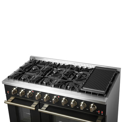 Forno 5-Piece Appliance Package - 48-Inch Gas Range, Wall Mount Range Hood, 60-Inch Refrigerator, Dishwasher, and 24-Inch Microwave Drawer in Black with Antique Brass Handle - AP5-6244-48BLK-5095-60MG-MD24