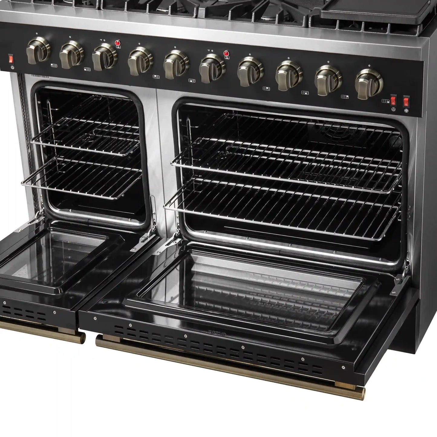 Forno 5-Piece Appliance Package - 48-Inch Gas Range, 60-Inch Convertible Refrigerator with Modern Trim, Dishwasher, and 30-Inch Microwave Oven in Black with Antique Brass Handle - AP5-6244-48BLK-MWO30-60MG