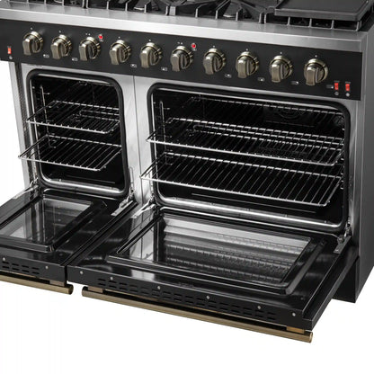 Forno 5-Piece Appliance Package - 48-Inch Gas Range, 60-Inch Convertible Refrigerator with Modern Trim, Dishwasher, and 30-Inch Microwave Oven in Black with Antique Brass Handle - AP5-6244-48BLK-MWO30-60MG