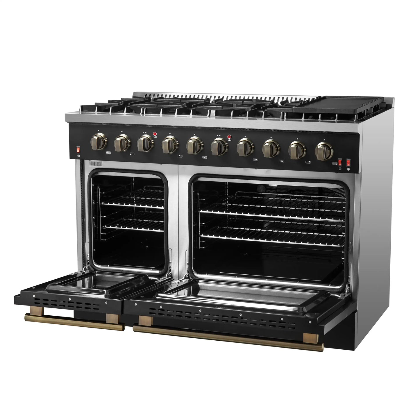 Forno 5-Piece Appliance Package - 48-Inch Gas Range, Wall Mount Range Hood, 60-Inch Refrigerator, Dishwasher, and 24-Inch Microwave Drawer in Black with Antique Brass Handle - AP5-6244-48BLK-5095-60MG-MD24