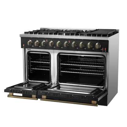 Forno 5-Piece Appliance Package - 48-Inch Gas Range, Wall Mount Range Hood, 60-Inch Refrigerator, Dishwasher, and 24-Inch Microwave Drawer in Black with Antique Brass Handle - AP5-6244-48BLK-5095-60MG-MD24