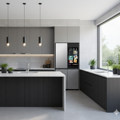 SAMSUNG Bespoke 36" 23 cu. ft. Counter Depth 4-Door Flex Refrigerator with AI Family Hub+ & AI Vision Inside in Stainless Steel - RF23DB9900QDAA