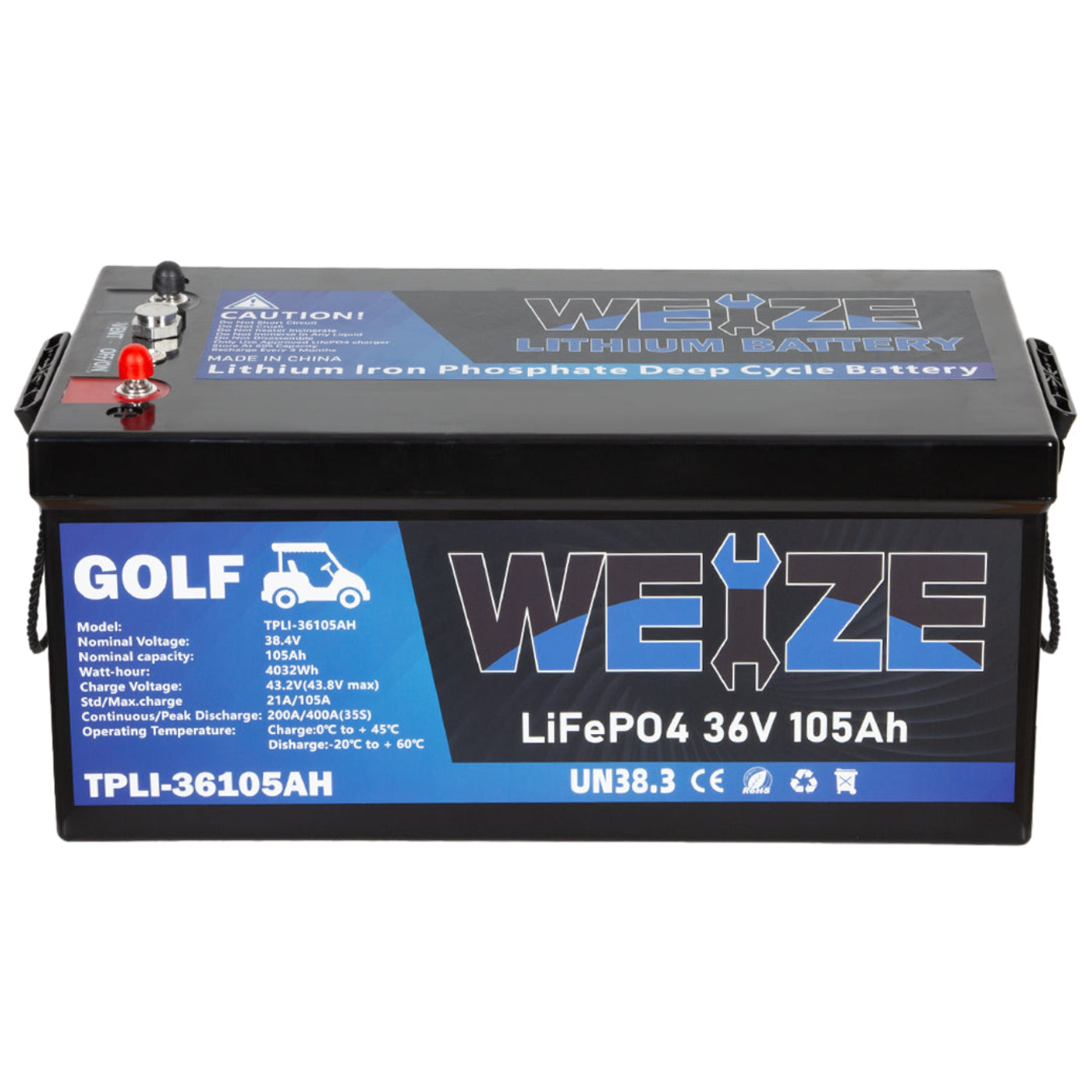 WEIZE 36V(38.4V) 105AH LiFePO4 Golf Cart Battery, 4032Wh Bluetooth Lithium Battery, 8000+ Cycles with 200A BMS, 10 Years Warranty - BAC-0116