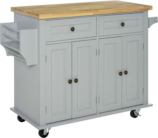 HomCom Kitchen Island on Wheels, Rolling Cart with Rubberwood Top - B08L44DQF8