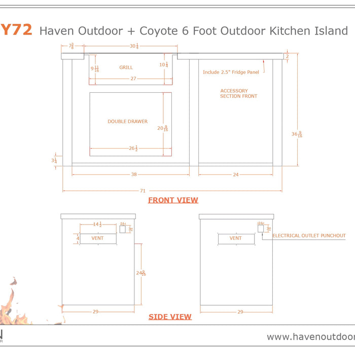 Haven Outdoor 72-Inch Outdoor Kitchen Island with Plain Panel - HCOY72PANAB