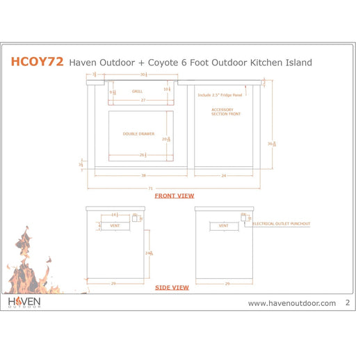 Haven 72-Inch Outdoor Kitchen Island with 2 Drawer Cabinet, Gas Grill & Double Access Door - HCOY96DRAW-AB-LP