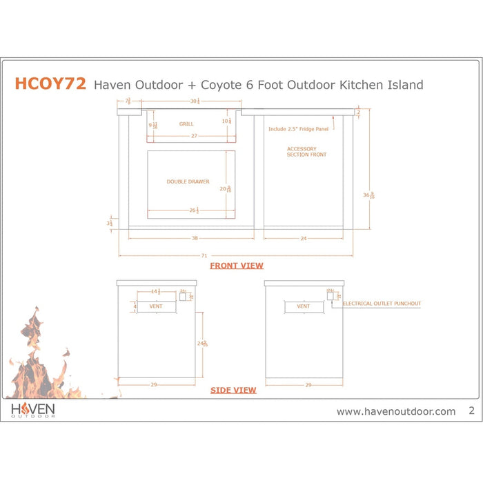 Haven 72-Inch Outdoor Kitchen Island with 2 Drawer Cabinet, Gas Grill & Double Access Door - HCOY96DRAW-AB-LP